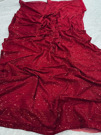 Red Partywear Sequins Sari with Unstitched Blouse