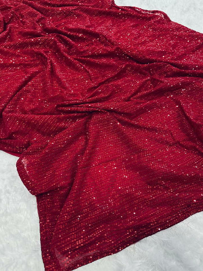 Red Partywear Sequins Sari with Unstitched Blouse
