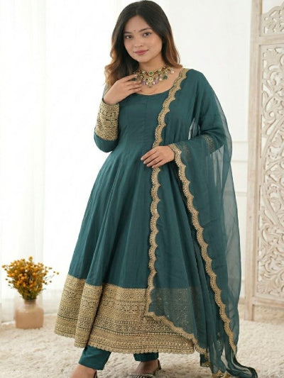 Teal Green Anarkali Suit Set with Organza Dupatta