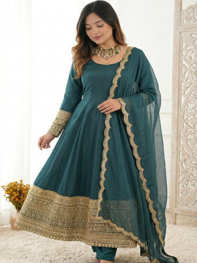 Teal Green Anarkali Suit Set with Organza Dupatta