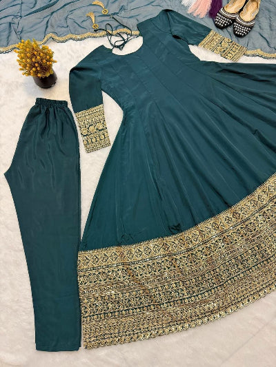 Teal Green Anarkali Suit Set with Organza Dupatta