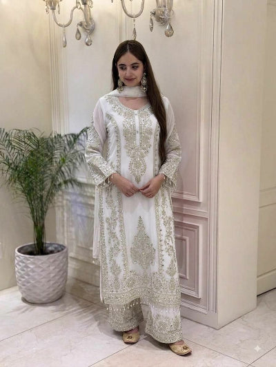White Embroidered Sequins Work Georgette Straight Suit Set for Women