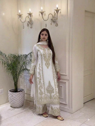 White Embroidered Sequins Work Georgette Straight Suit Set for Women