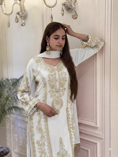 White Embroidered Sequins Work Georgette Straight Suit Set for Women