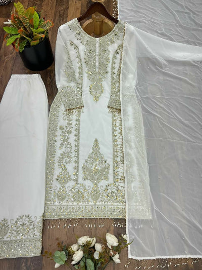White Embroidered Sequins Work Georgette Straight Suit Set for Women