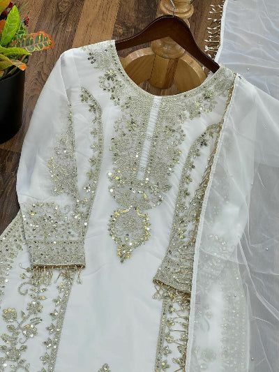 White Embroidered Sequins Work Georgette Straight Suit Set for Women