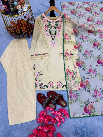 Pastel Cream Floral Embroidery Farshi Suit Set