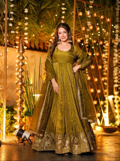 Olive Green Crunchy Silk Anarkali Suit