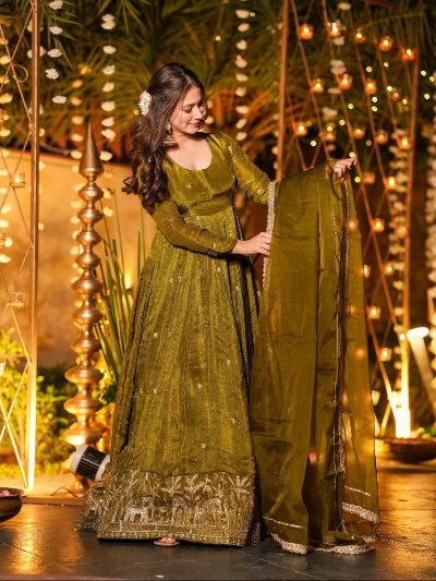 Olive Green Crunchy Silk Anarkali Suit
