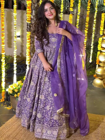 Elegant Purple Crunchy Silk Embroidery Work Anarkali Suit