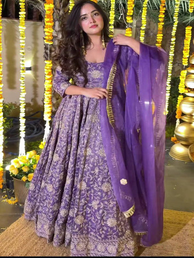 Elegant Purple Crunchy Silk Embroidery Work Anarkali Suit