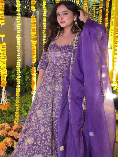 Elegant Purple Crunchy Silk Embroidery Work Anarkali Suit