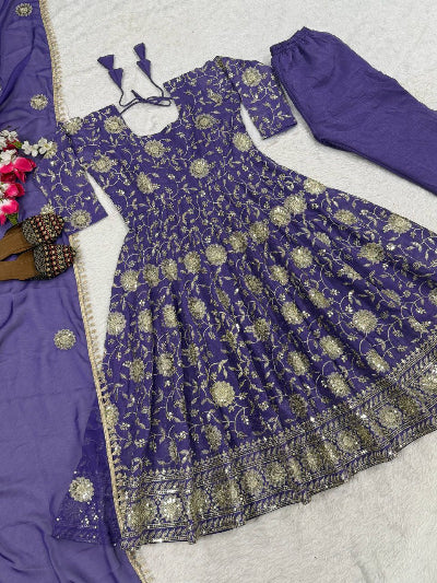 Elegant Purple Crunchy Silk Embroidery Work Anarkali Suit