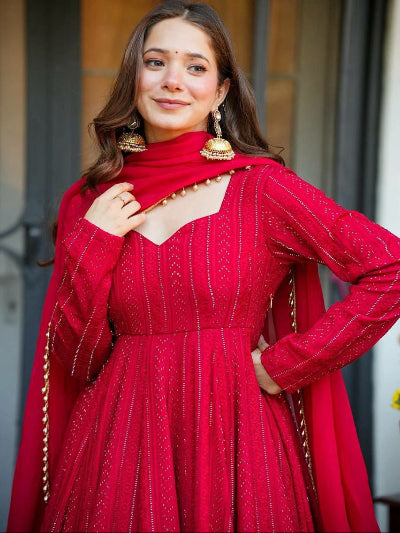 Ruby Red Georgette Embroidery Anarkali Suit