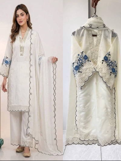 Designer Embroidered Chanderi Suit Set- 4 Colours