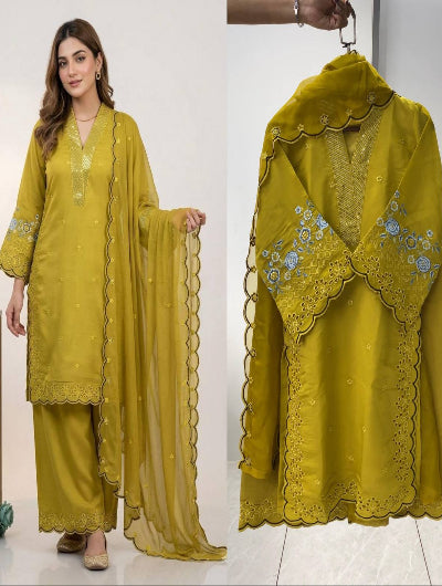 Designer Embroidered Chanderi Suit Set- 4 Colours