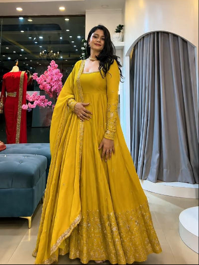 Mustard Yellow Crunchy Silk Embroidered Sequin Work Anarkali Suit Set