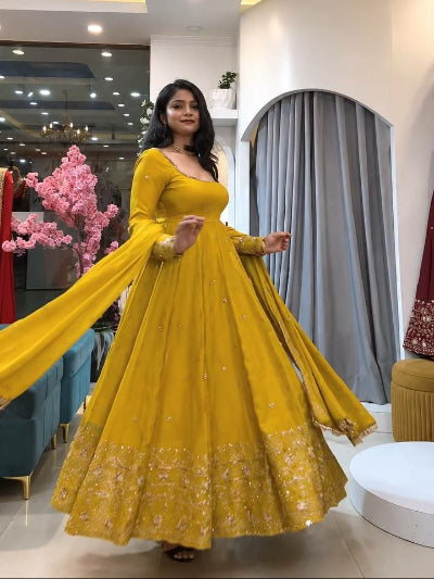 Mustard Yellow Crunchy Silk Embroidered Sequin Work Anarkali Suit Set