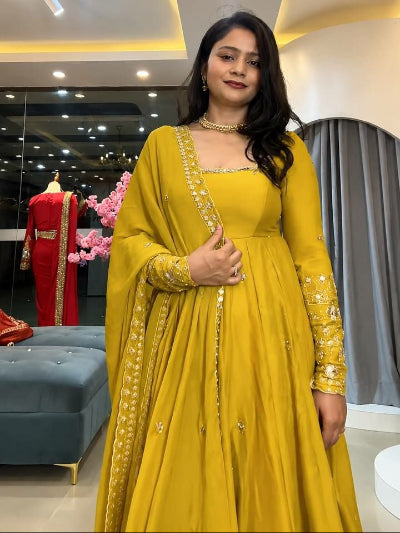 Mustard Yellow Crunchy Silk Embroidered Sequin Work Anarkali Suit Set