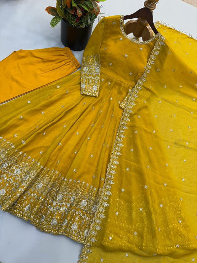 Mustard Yellow Crunchy Silk Embroidered Sequin Work Anarkali Suit Set