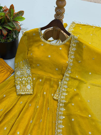 Mustard Yellow Crunchy Silk Embroidered Sequin Work Anarkali Suit Set