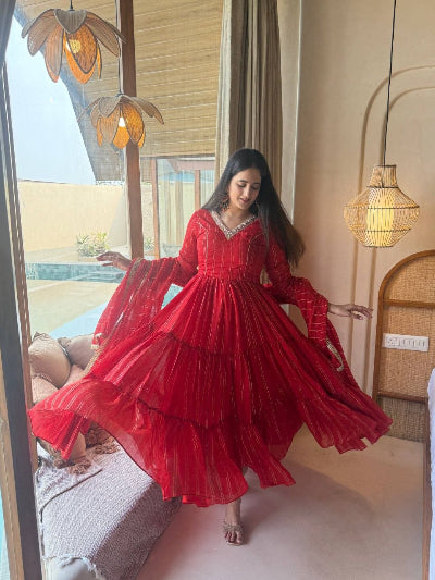 Red Brocade Anarkali Suit for Women | Asian Ethnic Wear UK