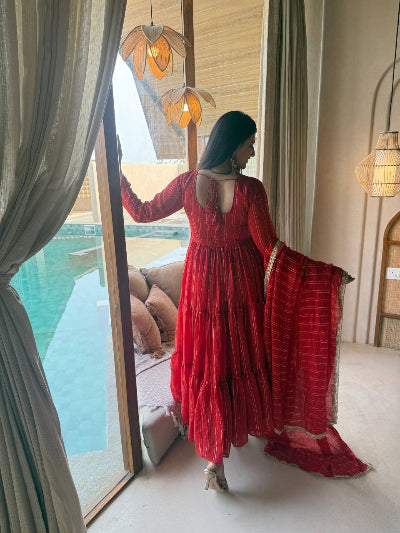 Red Brocade Anarkali Suit for Women | Asian Ethnic Wear UK
