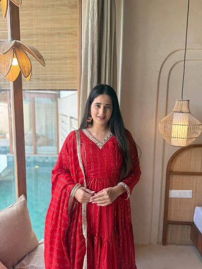 Red Brocade Anarkali Suit for Women | Asian Ethnic Wear UK