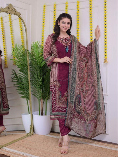 Burgandy Soft Muslin Suit Set with Dupatta