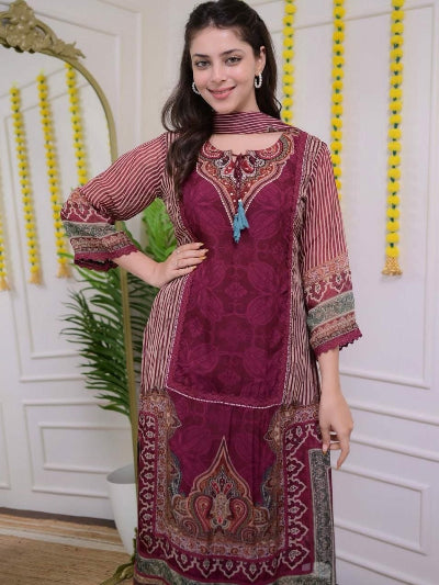 Burgandy Soft Muslin Suit Set with Dupatta
