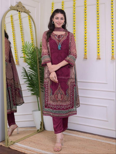 Burgandy Soft Muslin Suit Set with Dupatta