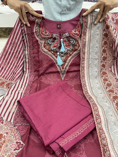 Burgandy Soft Muslin Suit Set with Dupatta