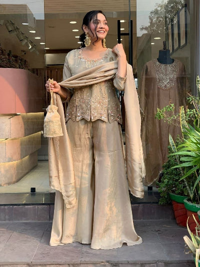 Gold Beige Shimmer Silk Designer Embroidered Kurti Palazzo Dupatta Set