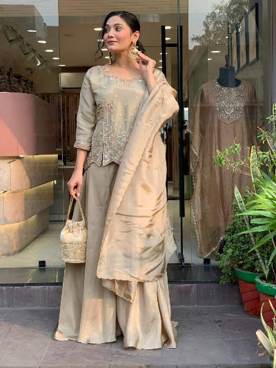 Gold Beige Shimmer Silk Designer Embroidered Kurti Palazzo Dupatta Set