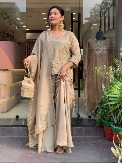 Gold Beige Shimmer Silk Designer Embroidered Kurti Palazzo Dupatta Set