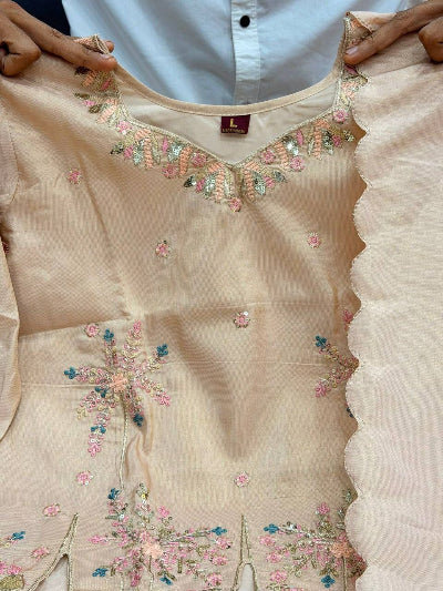 Gold Beige Shimmer Silk Designer Embroidered Kurti Palazzo Dupatta Set
