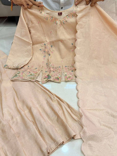 Gold Beige Shimmer Silk Designer Embroidered Kurti Palazzo Dupatta Set