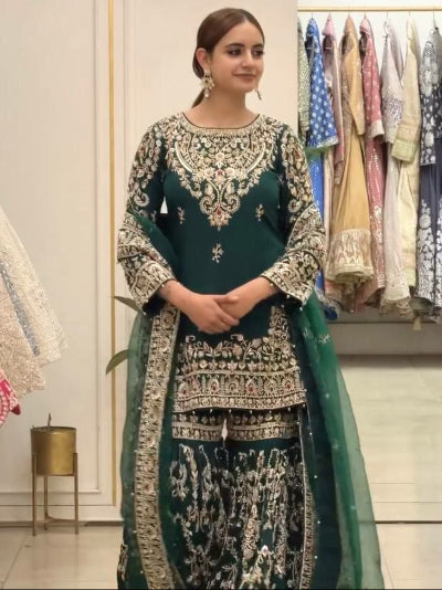 Bottle Green Georgette Embroidery Work Gharara Suit Set