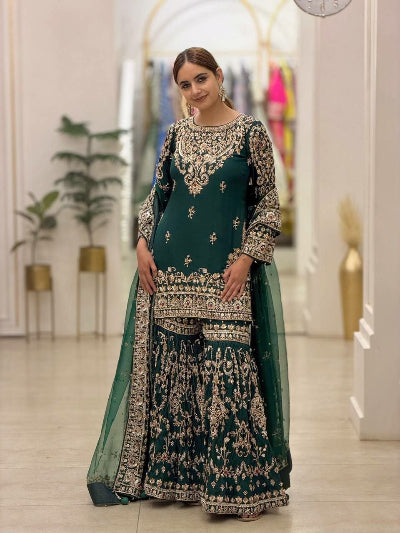 Bottle Green Georgette Embroidery Work Gharara Suit Set