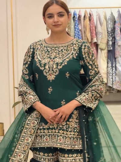Bottle Green Georgette Embroidery Work Gharara Suit Set
