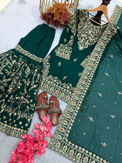 Bottle Green Georgette Embroidery Work Gharara Suit Set