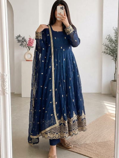 Navy Blue Crunchy Silk Embroidered Anarkali Gown Suit Set