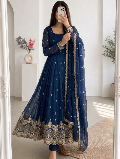 Navy Blue Crunchy Silk Embroidered Anarkali Gown Suit Set