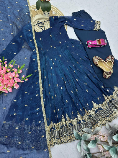 Navy Blue Crunchy Silk Embroidered Anarkali Gown Suit Set