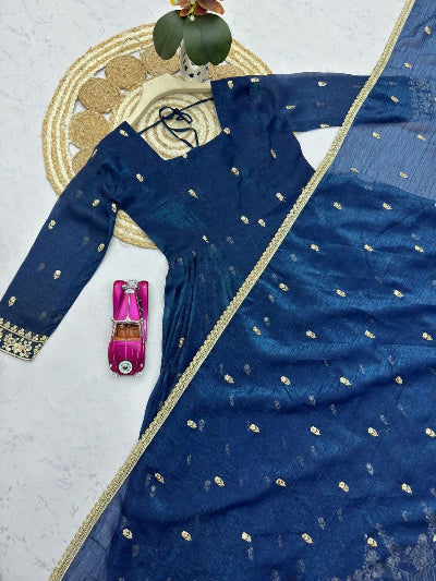 Navy Blue Crunchy Silk Embroidered Anarkali Gown Suit Set