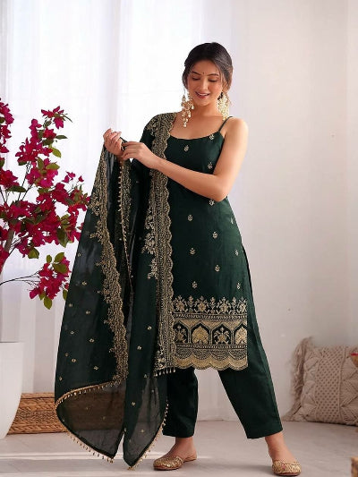 Bottle Green Silk Thread &amp; Sequin Embroidered Straight Suit Set