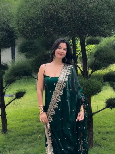 Bottle Green Silk Thread &amp; Sequin Embroidered Straight Suit Set