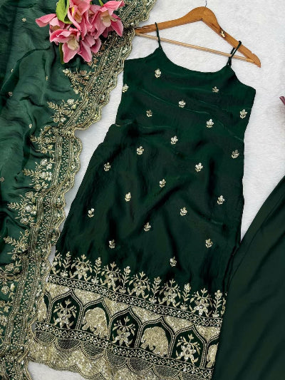 Bottle Green Silk Thread &amp; Sequin Embroidered Straight Suit Set