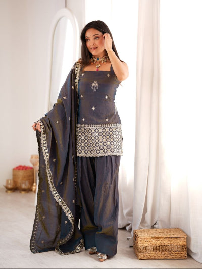 Dark Grey Embroidered Sleeveless Farshi Sut Set