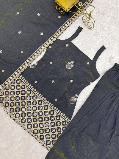 Dark Grey Embroidered Sleeveless Farshi Sut Set